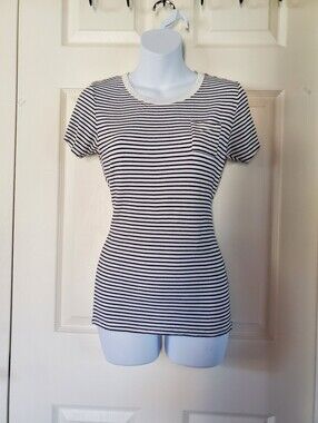 American Dream Y2K Black White Striped Short Sleeve Tee Fitted Preppy Classic MD